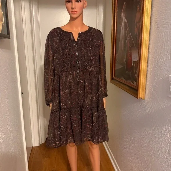 Lucky Brand Brown Paisley Babydoll Dress Boho Long Sleeve Size Large Lined Body - Picture 7 of 9